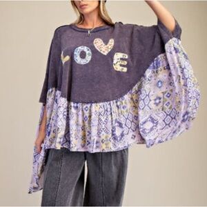 NEW🩶Easel Oversized Solid and Mixed Print LOVE Patched Top Small Ash